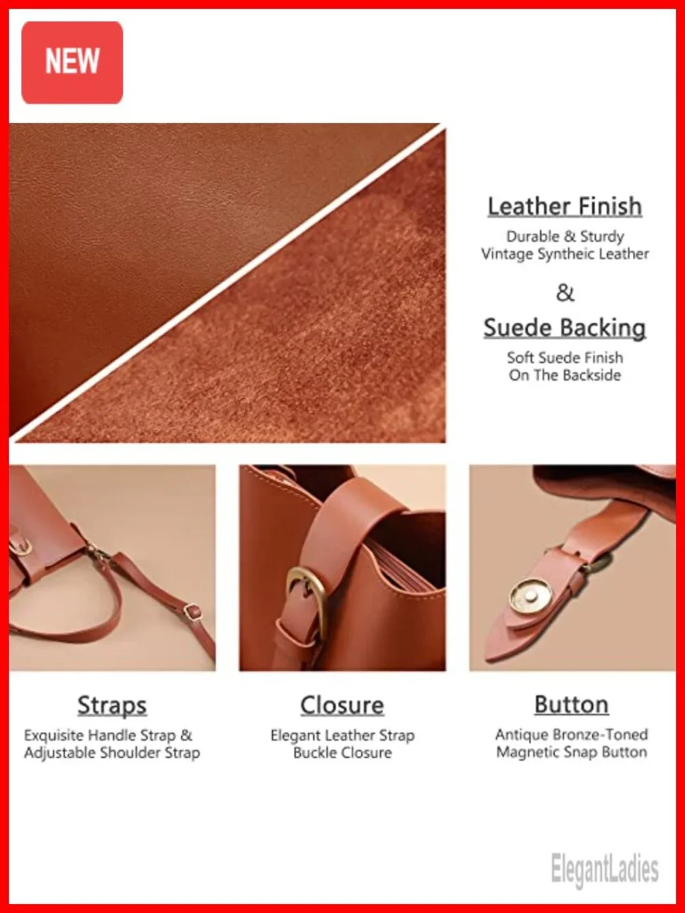 Vegan Leather Bucket Bag with Removable Pouch and Adjustable Strap